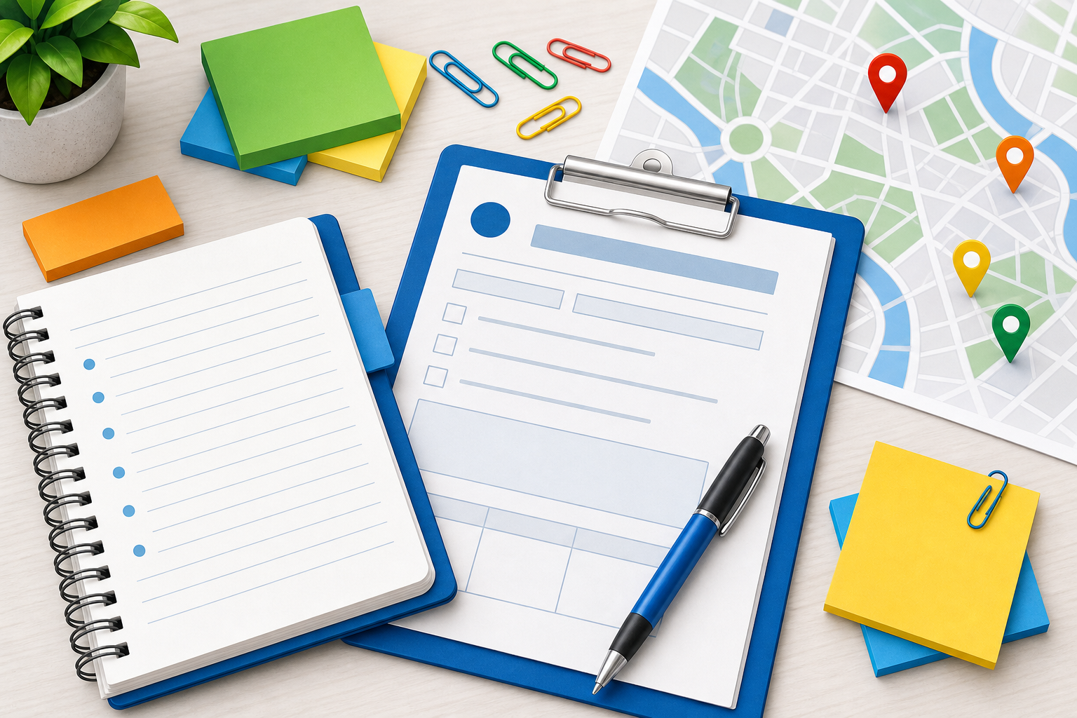 Caderno, prancheta, mapa e materiais de preenchimento de formulário público.
